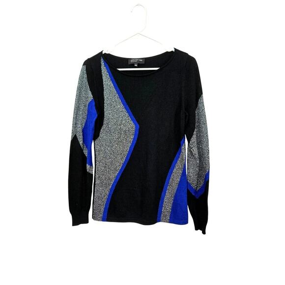 Jones New York Sweaters - Jones New York Abstract Colorblock Blue/Black/Silver Metallic Wool Sweater Sz S